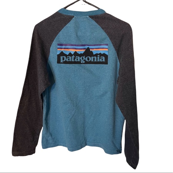 Patagonia Mens Size Small Organic Cotton Blend Long Sleeved Gray & Blue T-Shirt - Picture 2 of 8